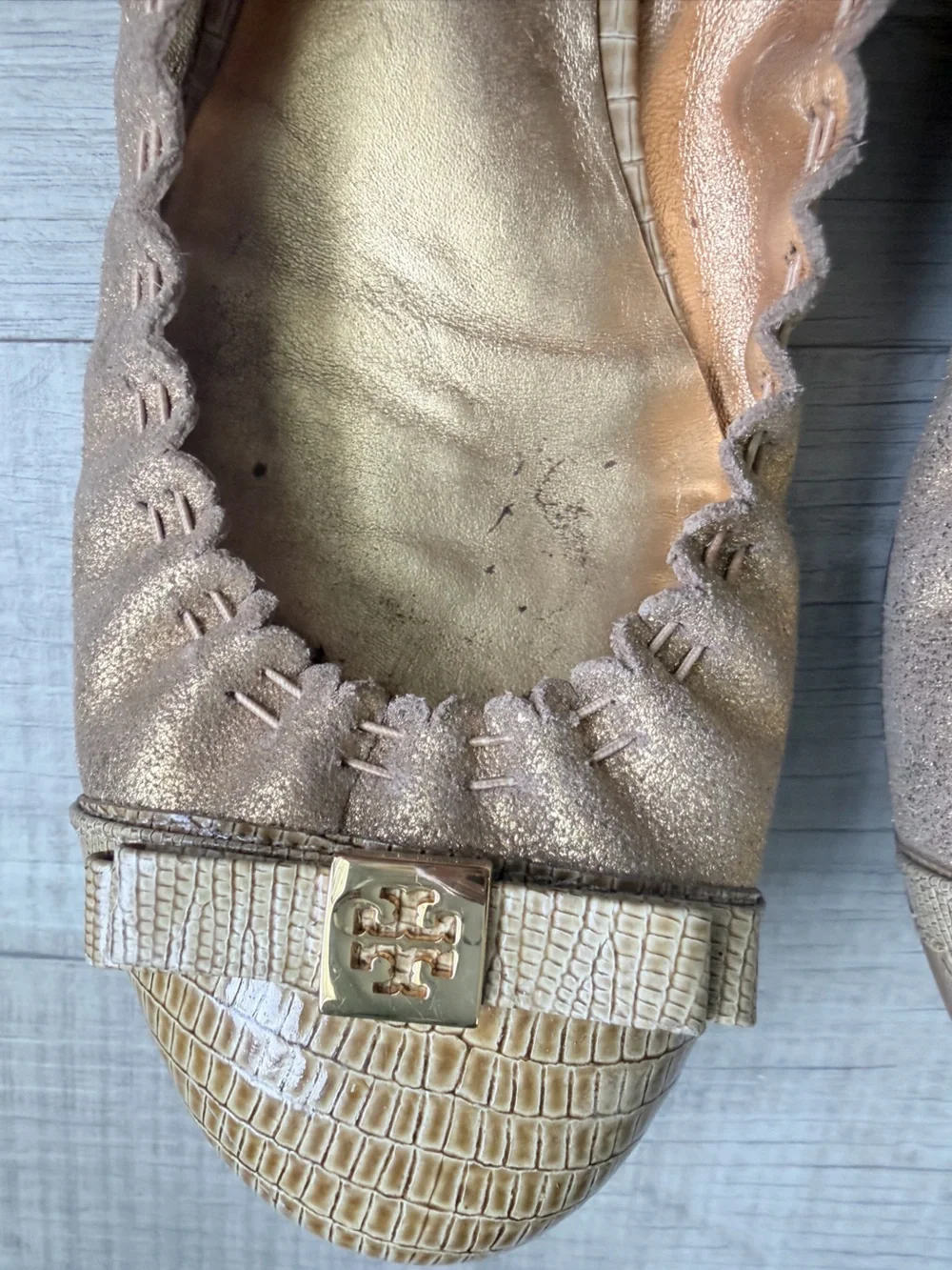 Tory Burch Metallic Gold Elastic Ballet Flats with Logo Bow 8